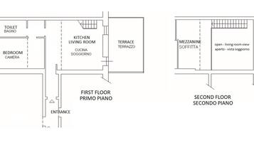 A floor plan of a hotel with a first floor bedroom, bathroom, kitchen, living room, terrace, and a mezzanine on the second floor.
