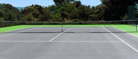 A tennis court with a net, surrounded by trees and a clear sky.