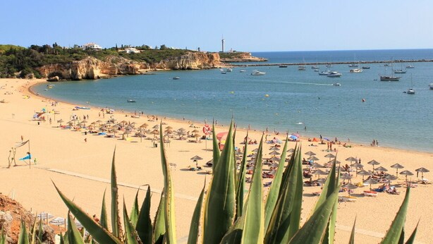 A beach with clear blue water, boats, and people. - sunny ap. for 2-6 people, exclusive 1a location directly on the beach by the sea (Ferragudo)