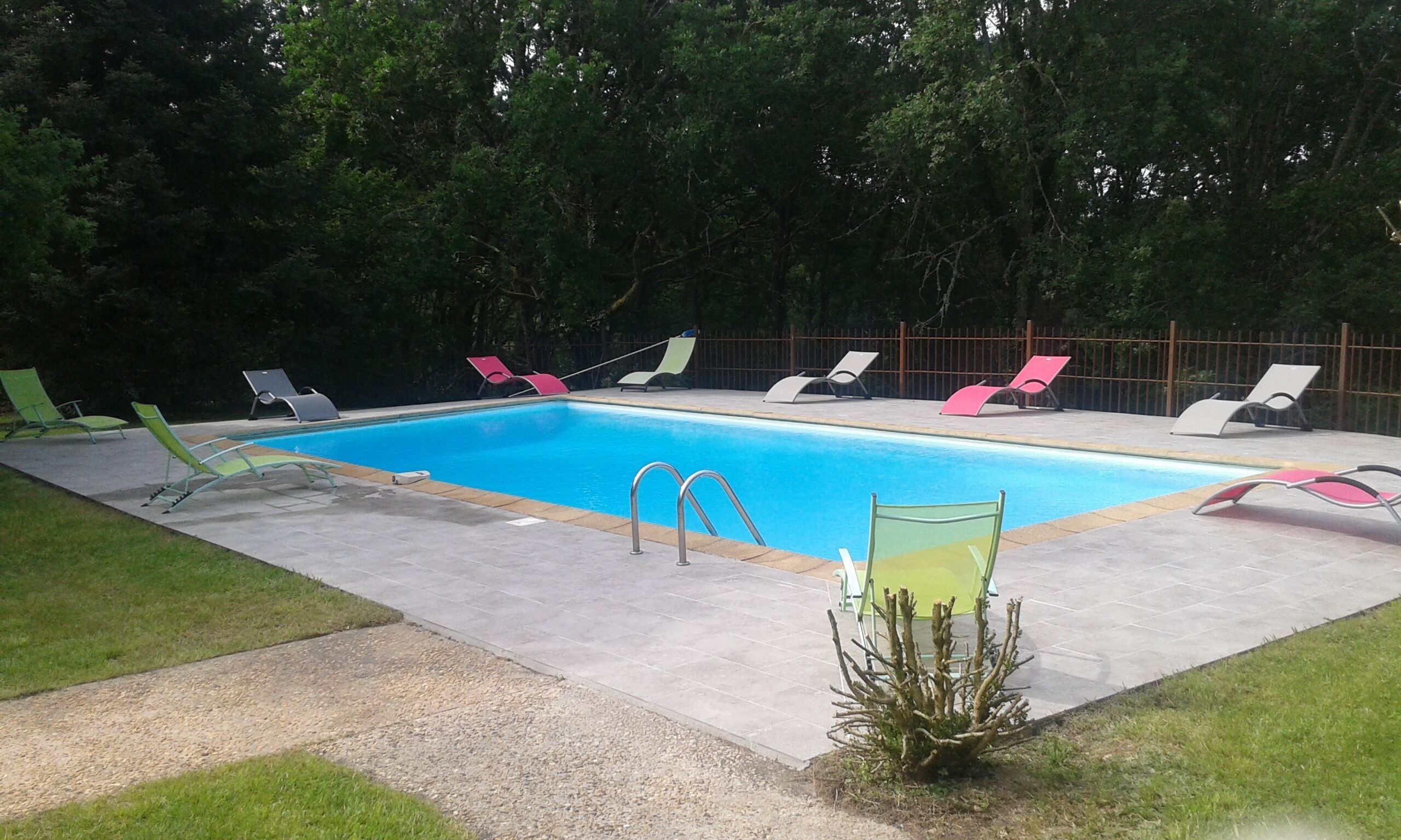 A rectangular swimming pool with a clear blue water surface, surrounded by a concrete deck. There are multiple lounge chairs with metal frames and colorful cushions arranged around the pool. The area is enclosed by a metal fence, and there is a small patch of grass in the foreground.
