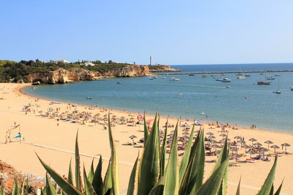 On the beach, sun-loungers