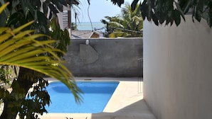 En swimmingpool omgivet af en betonmur, med udsigt til havet og palmer i baggrunden.