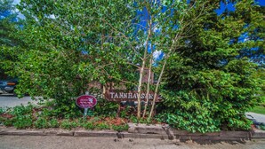 A sign with 'Tannhaus' written on it, surrounded by greenery and a wooden border.