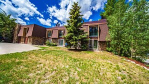 A two-story house with stone and brick exterior, a well-maintained lawn, and a large evergreen tree in front.