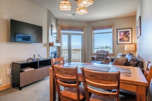 LCD TV, fireplace, DVD player