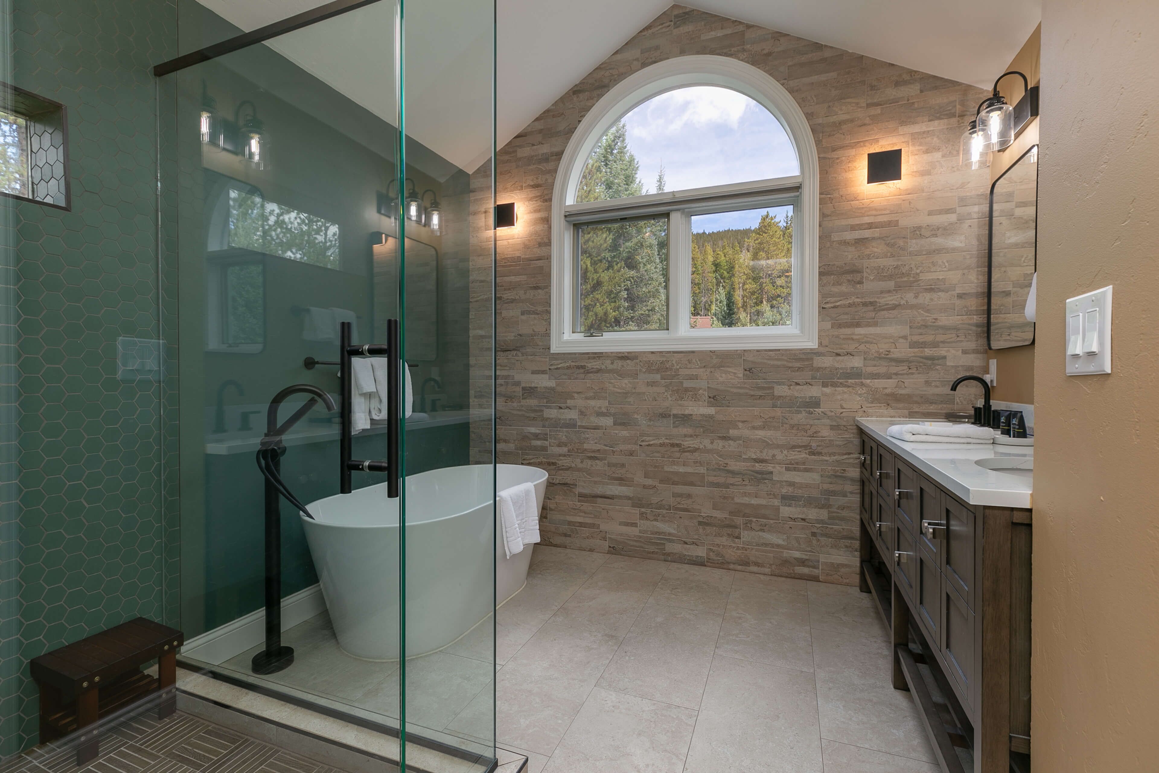 Shower, jetted bath, rainfall showerhead, hair dryer