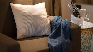 A modern living room with a brown sofa, a white pillow, and a blue blanket. A small round table with a bottle and glasses is visible.