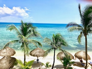 A beach with clear turquoise water, palm trees, and thatched umbrellas.