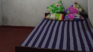 A small, single-bed room with a mosquito net hanging above the bed. The bed has a striped bedspread and colorful pillows. - Patana holiday home (Kotapola)