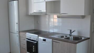Full-sized fridge, microwave, oven, stovetop