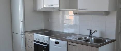 Een koelkast/vriezer, een magnetron, een oven, een kookplaat