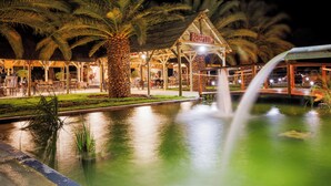 A reception area with a sign, palm trees, and a pool with a fountain. - Tsauchab River Lodge (Sesriem)