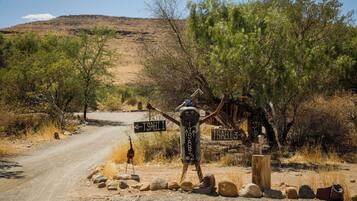 A rustic signpost with directional arrows and a wooden post, surrounded by dry vegetation and a dirt road.
