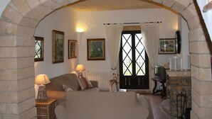 Une pièce confortable avec un lit, une télévision et une cheminée.