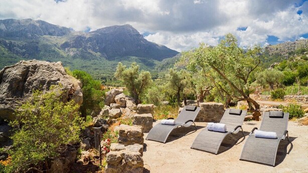 Un ensemble de chaises longues avec des serviettes, disposé devant un paysage montagneux.