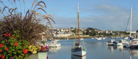A harbor with boats, a stone wall, and a flower bed.
