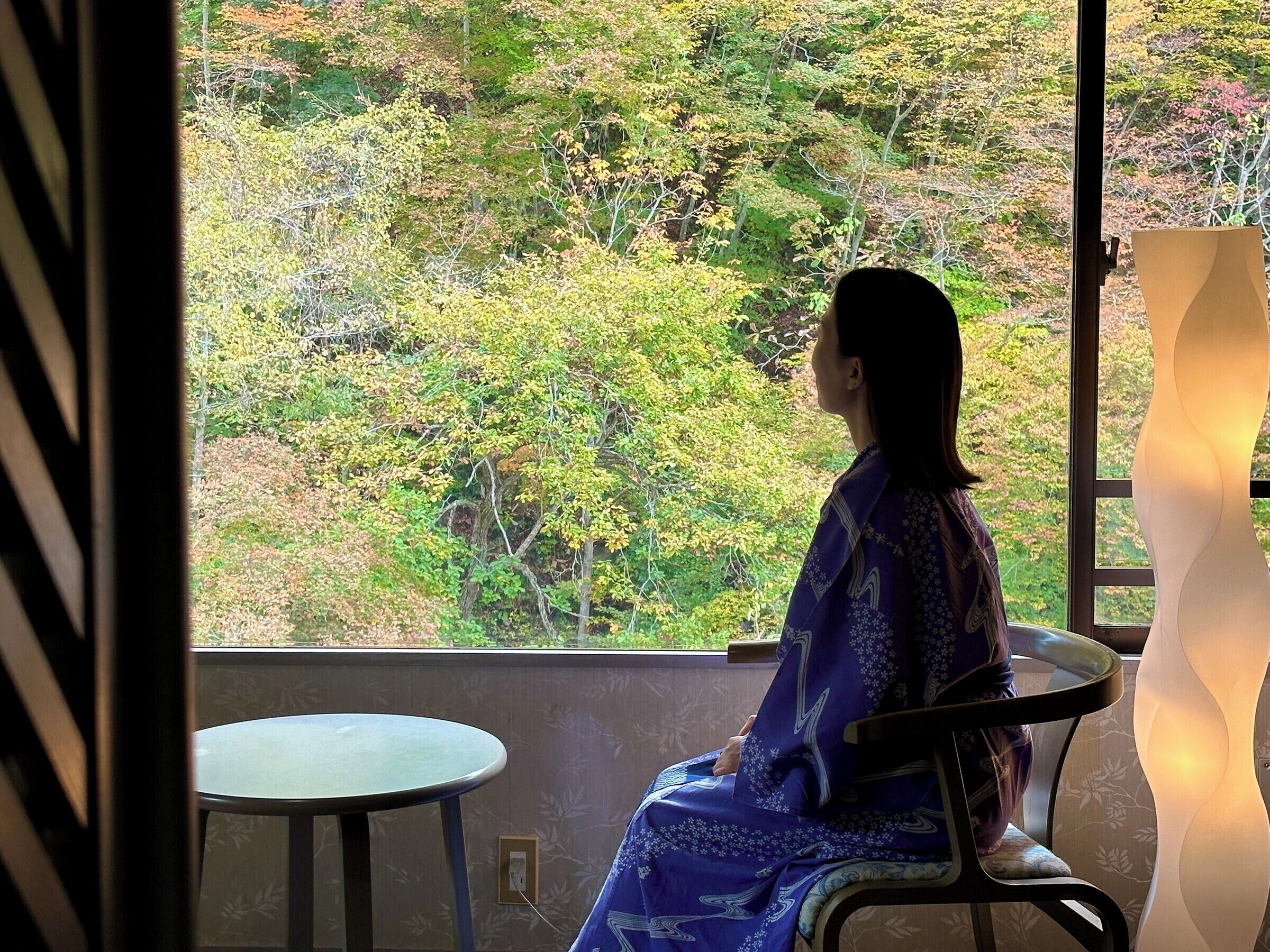 A person seated by a window with a view of a forested hillside.