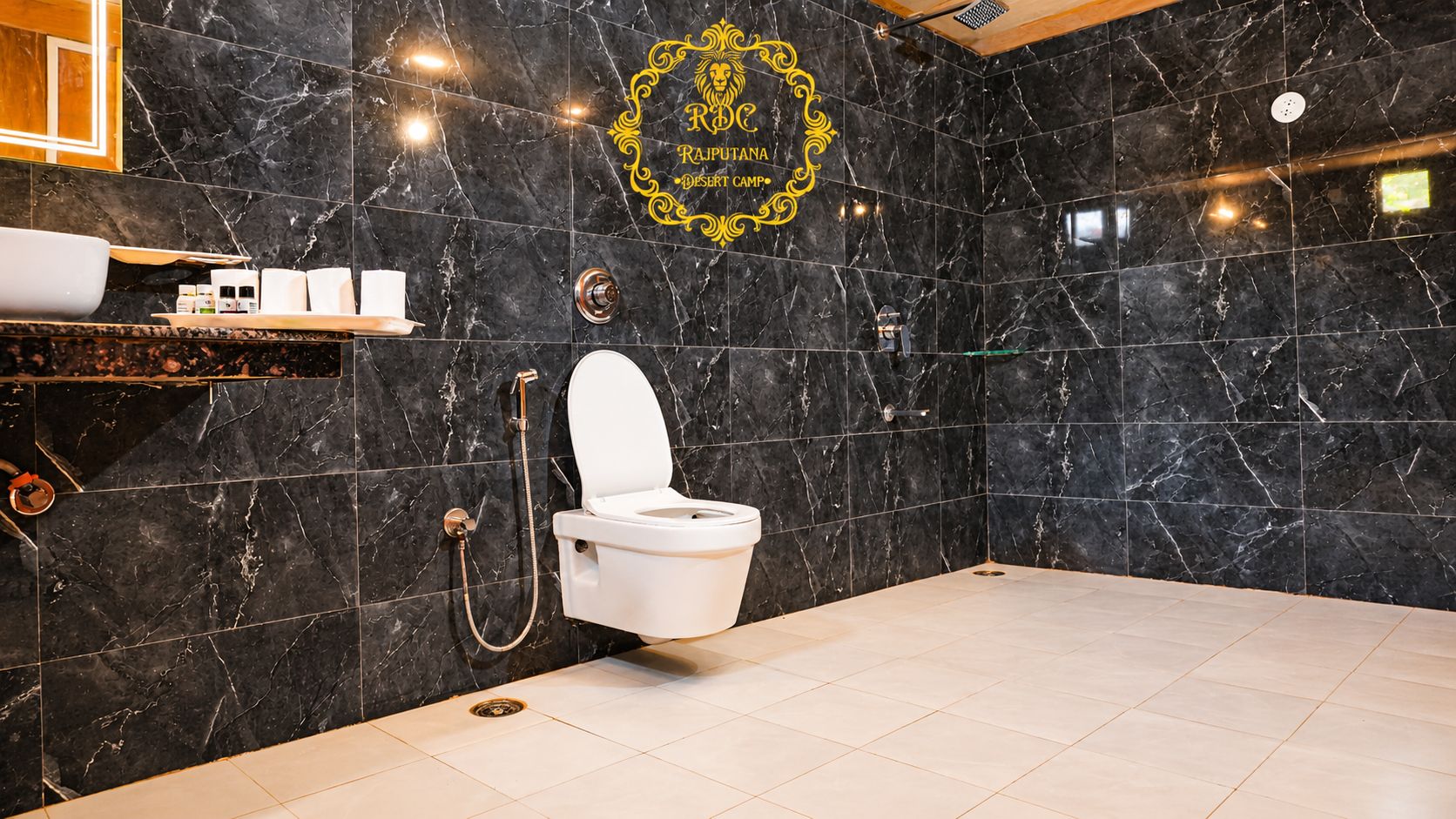 Une salle de bain avec des toilettes, une douche et un lavabo.