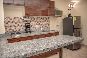 Kühlschrank, Mikrowelle, Herdplatte, Wasserkocher mit Kaffee-/Teezubehör