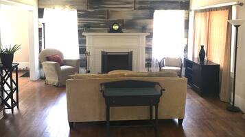 Smart TV, fireplace, books