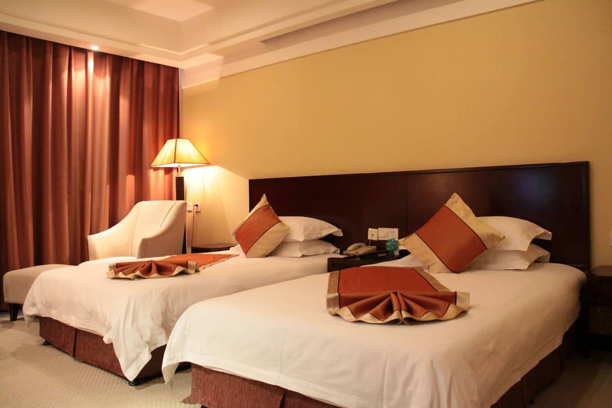 Two double beds with brown and white bedding, a bedside table with a lamp, and a large window with curtains.