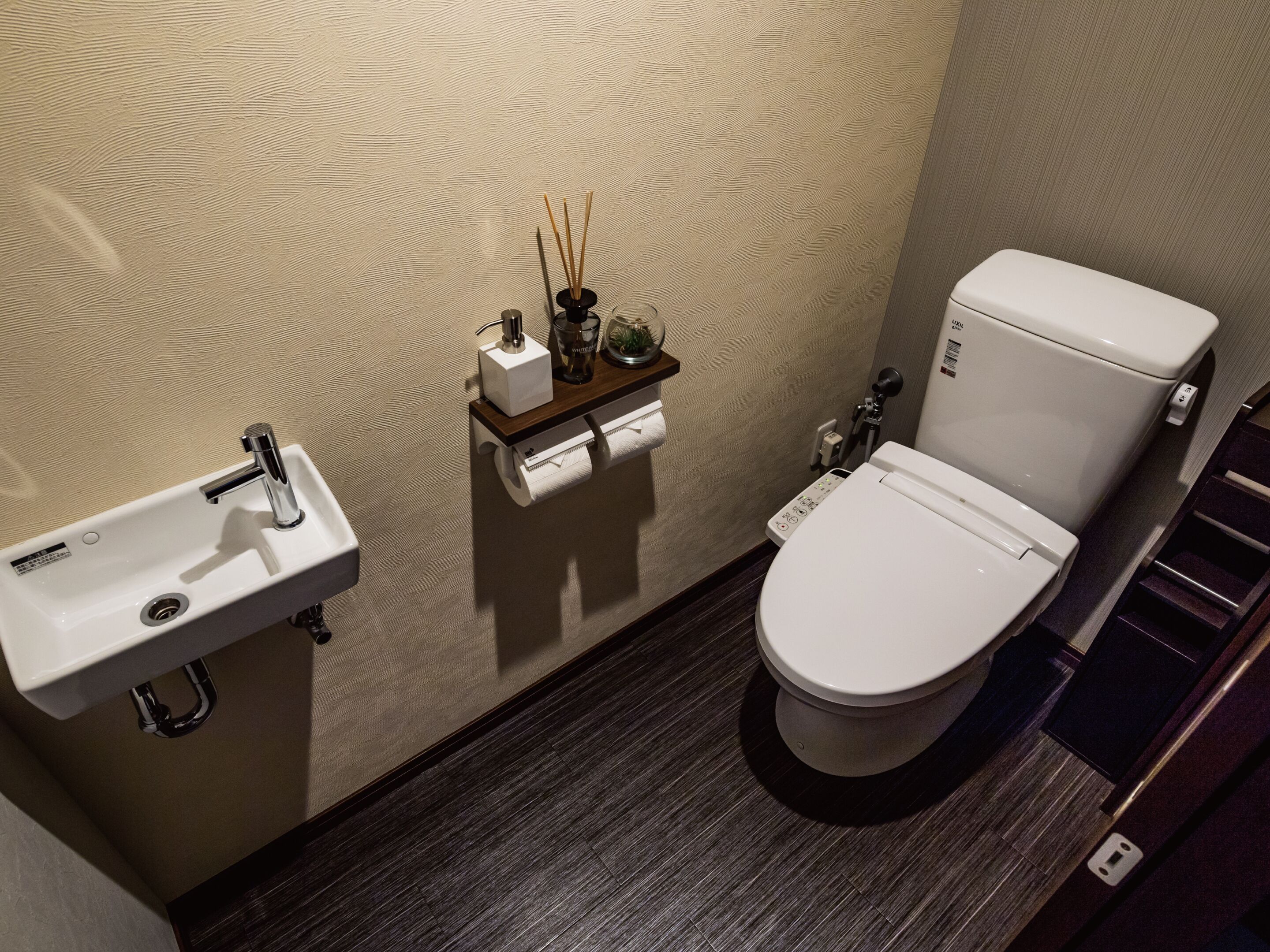 A bathroom with a sink, toilet, and a small shelf with toiletries.