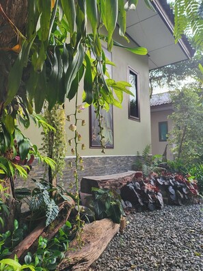Un giardino con diverse piante e un vialetto in pietra che conduce a un edificio con finestre.