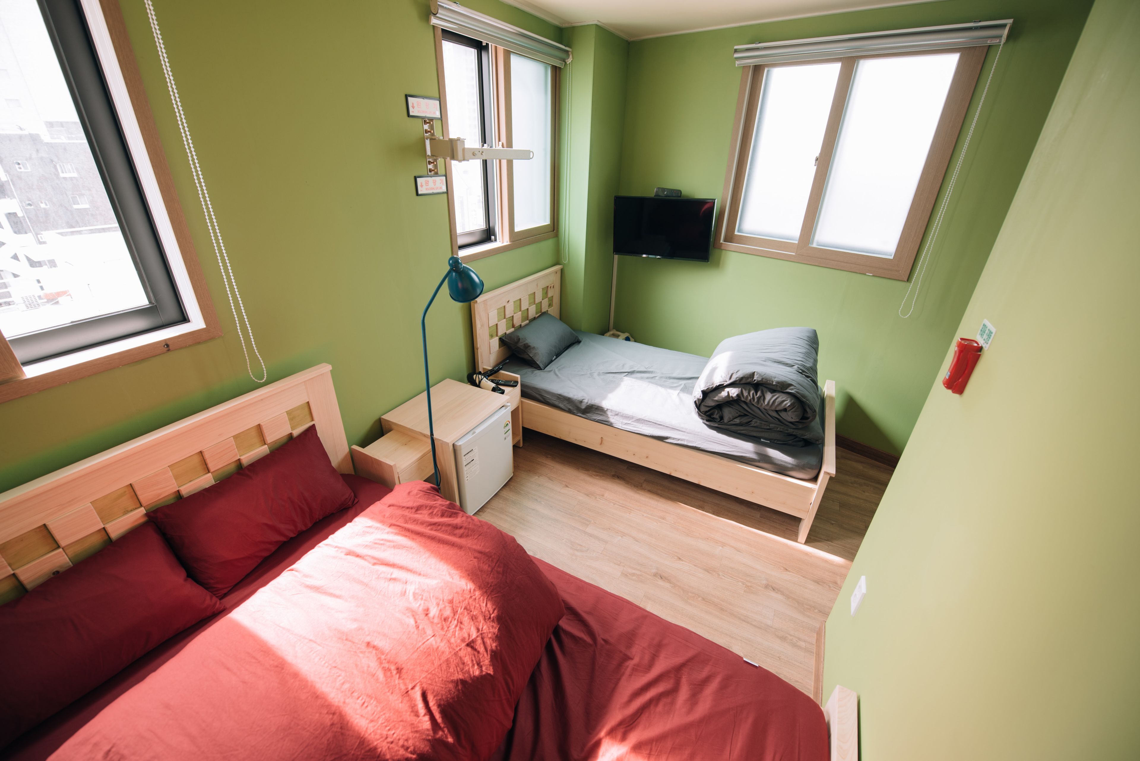 Una habitación pequeña con cama individual, paredes verdes, cabecera de madera, mesita de noche con lámpara y televisor montado en la pared.