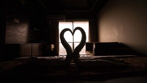 Et svagt oplyst rum med en seng i forgrunden og en hjerteformet skygge på vinduet.