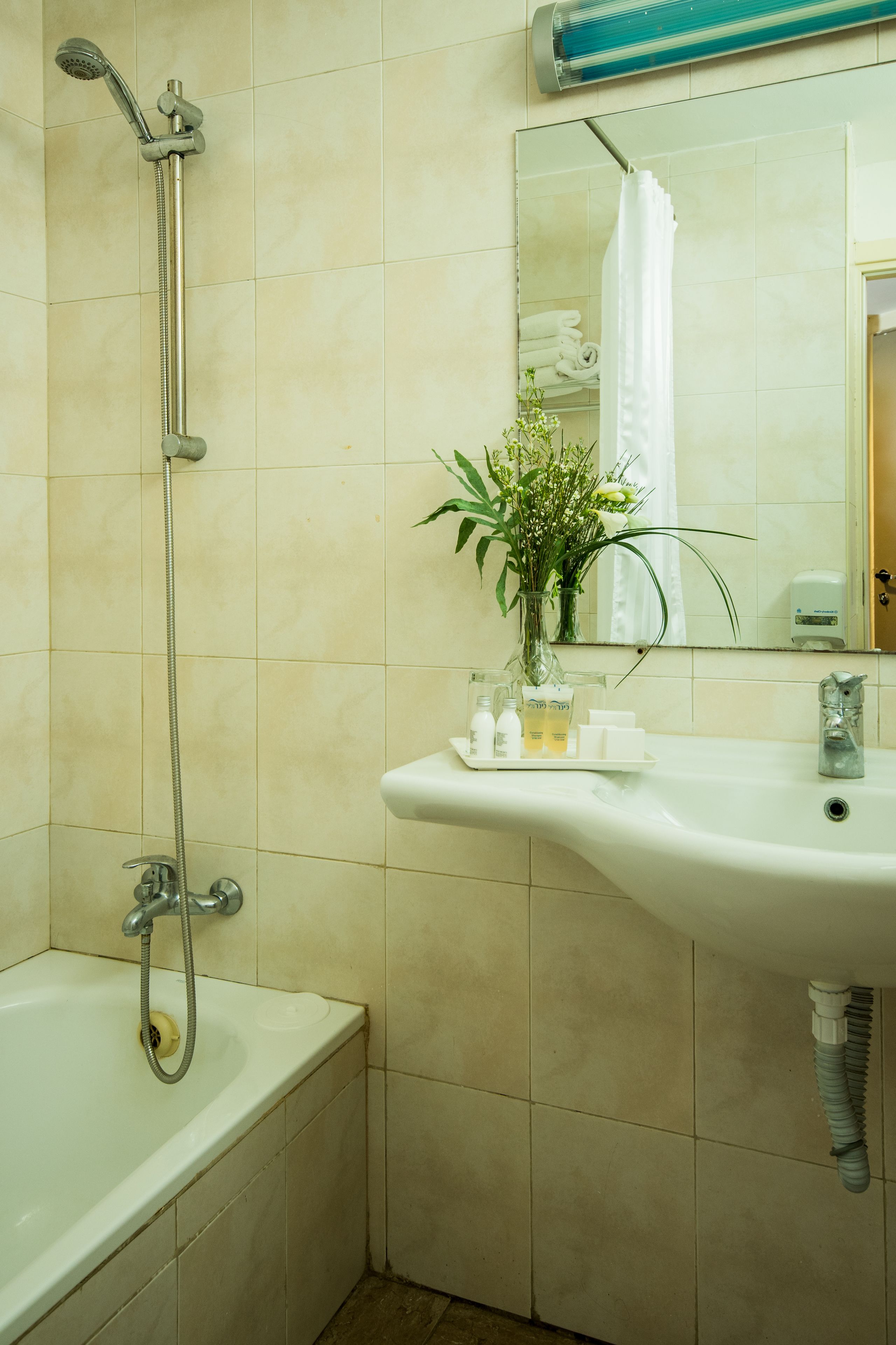 A bathroom with a bathtub, a shower, a sink, and a mirror.