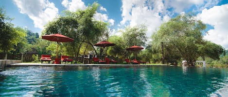 Outdoor pool, pool umbrellas, pool loungers
