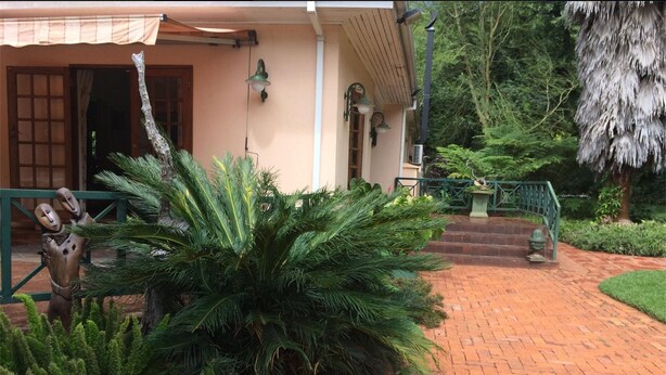 A brick pathway leading to a building with a porch, surrounded by lush greenery and a thatched roof structure.