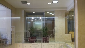 A lobby with a glass partition featuring a cityscape design, potted plants, and a reception desk. - Hotel Avenida (Requena)