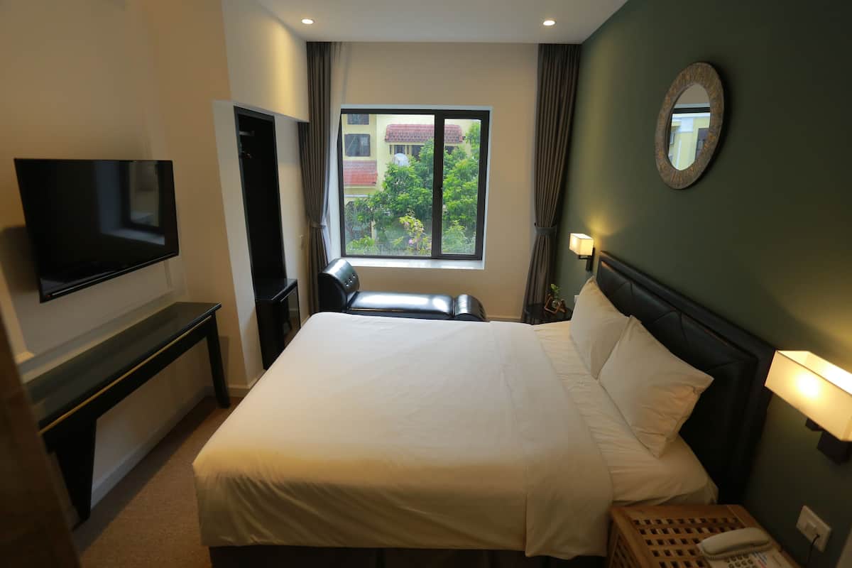 A hotel room with a bed, a TV, a desk, a chair, a window with a view of buildings and trees, and a bedside lamp.