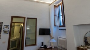Une pièce avec une peinture murale au plafond, un téléviseur, une table avec une chaise, une fenêtre avec des rideaux et un radiateur.