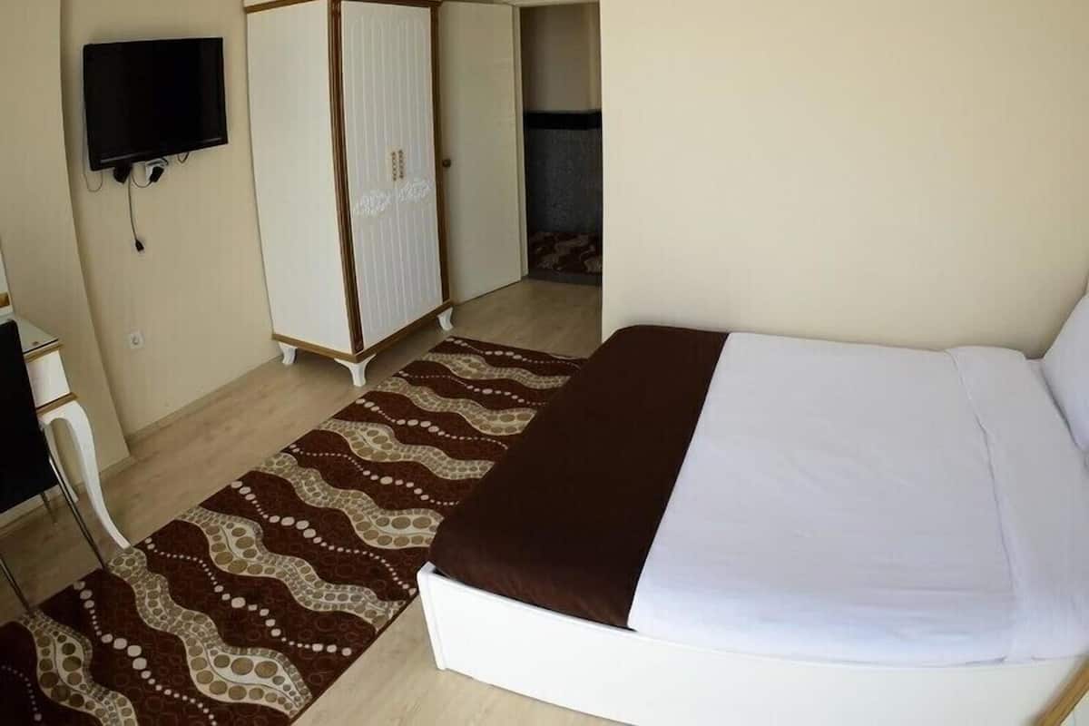 A hotel room with a bed, a wardrobe, a television, and a patterned rug.