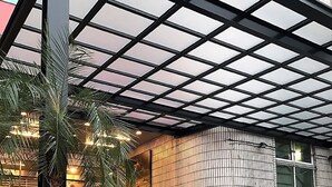 A building entrance with a glass ceiling, steps leading up to a door, and potted plants. - Nanka Express Hotel (Chiayi City)