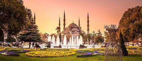 A park with a fountain, a mosque with a dome and minarets, and well-maintained flower beds.