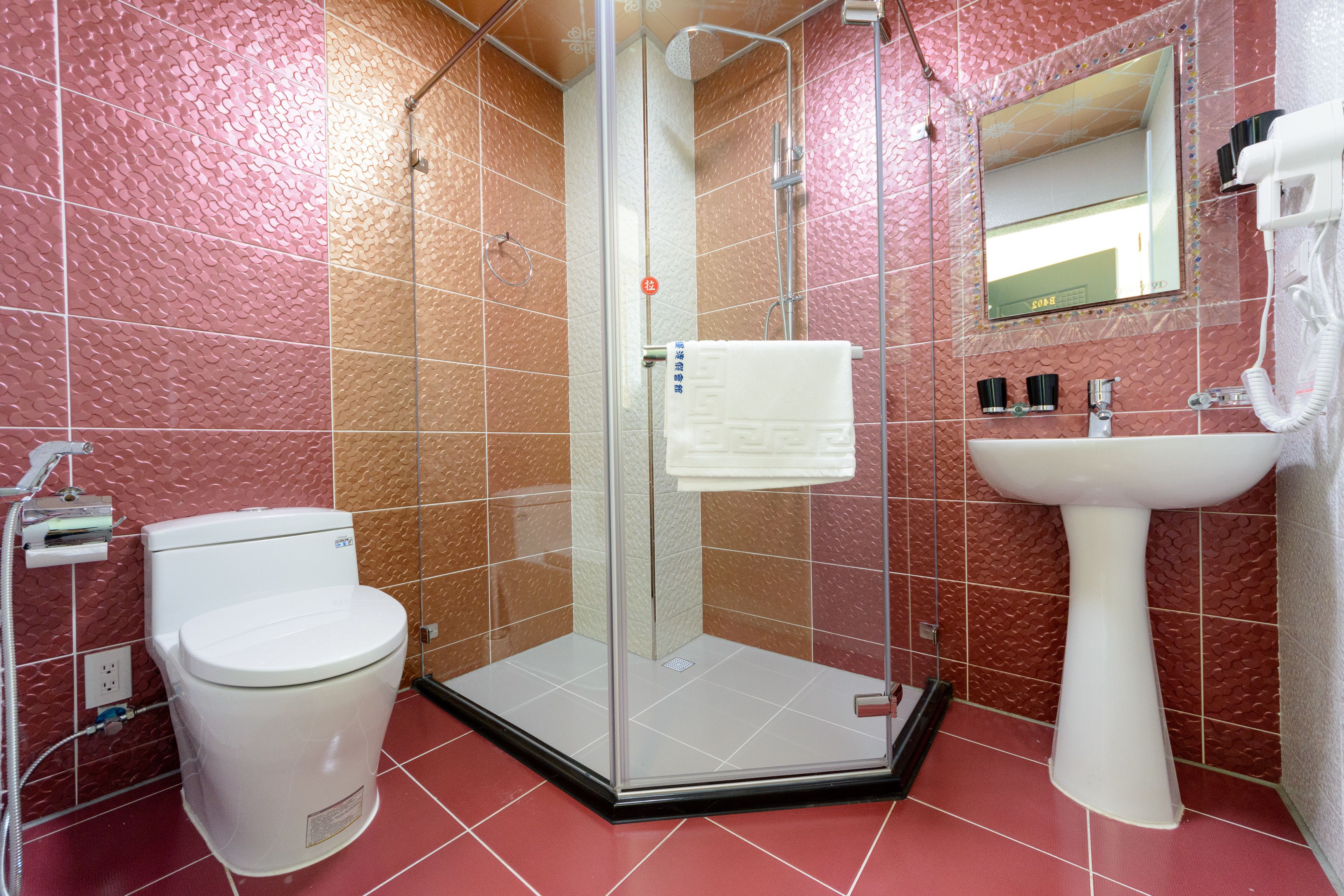 A bathroom with a glass-enclosed shower, a white toilet, and a sink with a mirror above it.