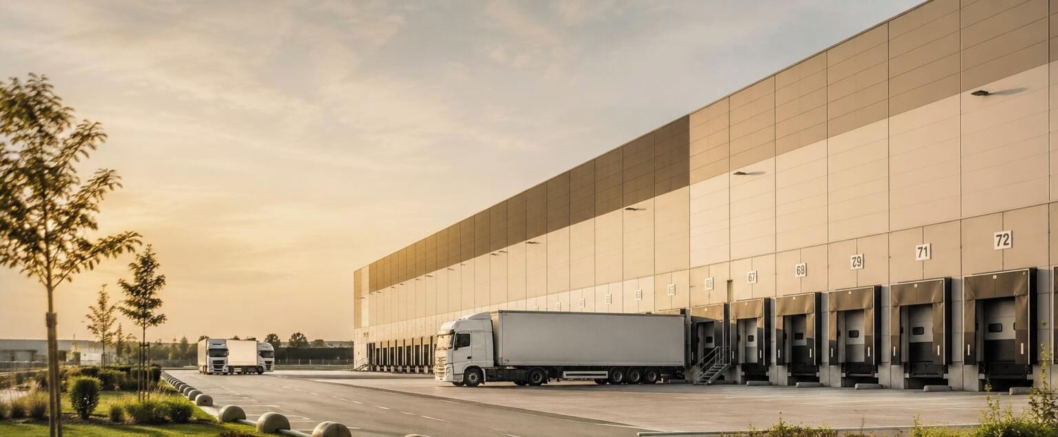 Un grand bâtiment industriel doté de nombreuses rampes de chargement, un camion blanc garé à l’entrée et un ciel dégagé.