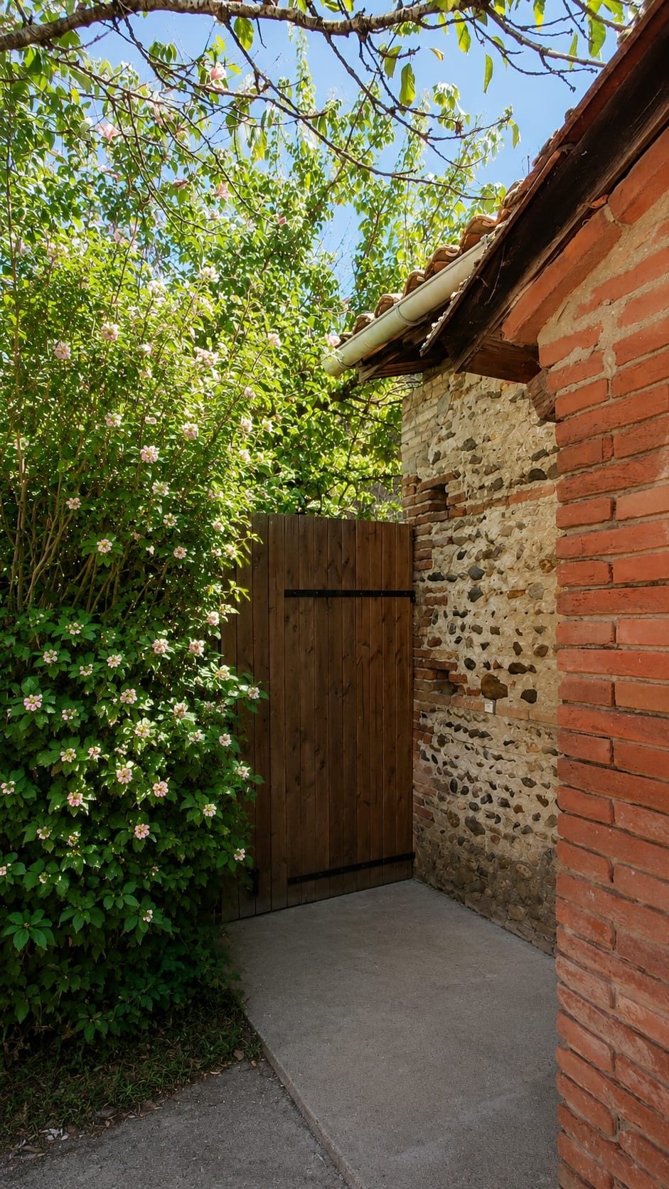 Un muro in mattoni con un cancello di legno, un vialetto in cemento e un cespuglio con fiori rosa.