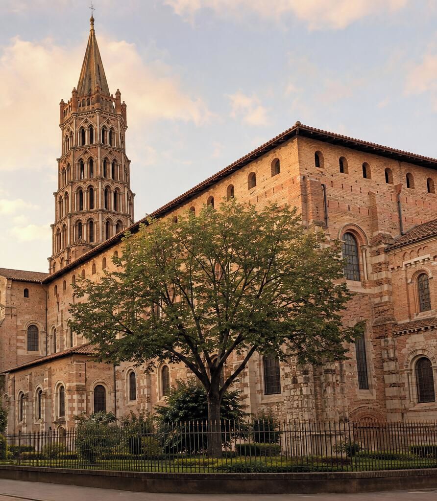 Un edificio histórico con una torre destacada y un árbol grande en primer plano.