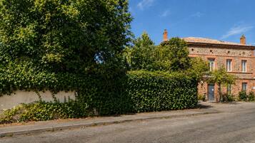 Une rue bordée d’un immeuble à la façade en pierre, devant lequel se trouve un grand arbre.