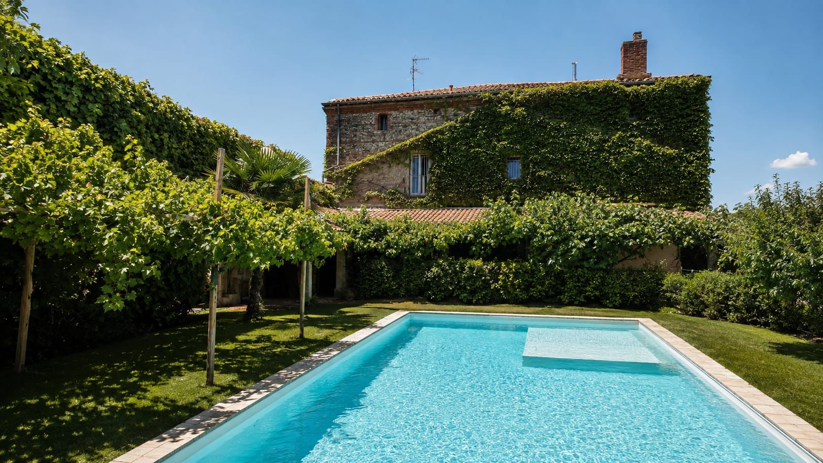 Outdoor pool, pool umbrellas, sun loungers