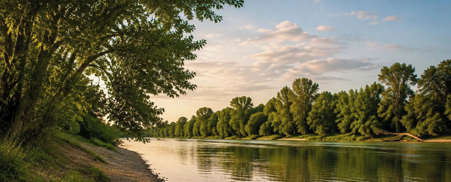 Ein Fluss mit Bäumen an beiden Ufern, ein klarer Himmel und eine ruhige Wasseroberfläche.
