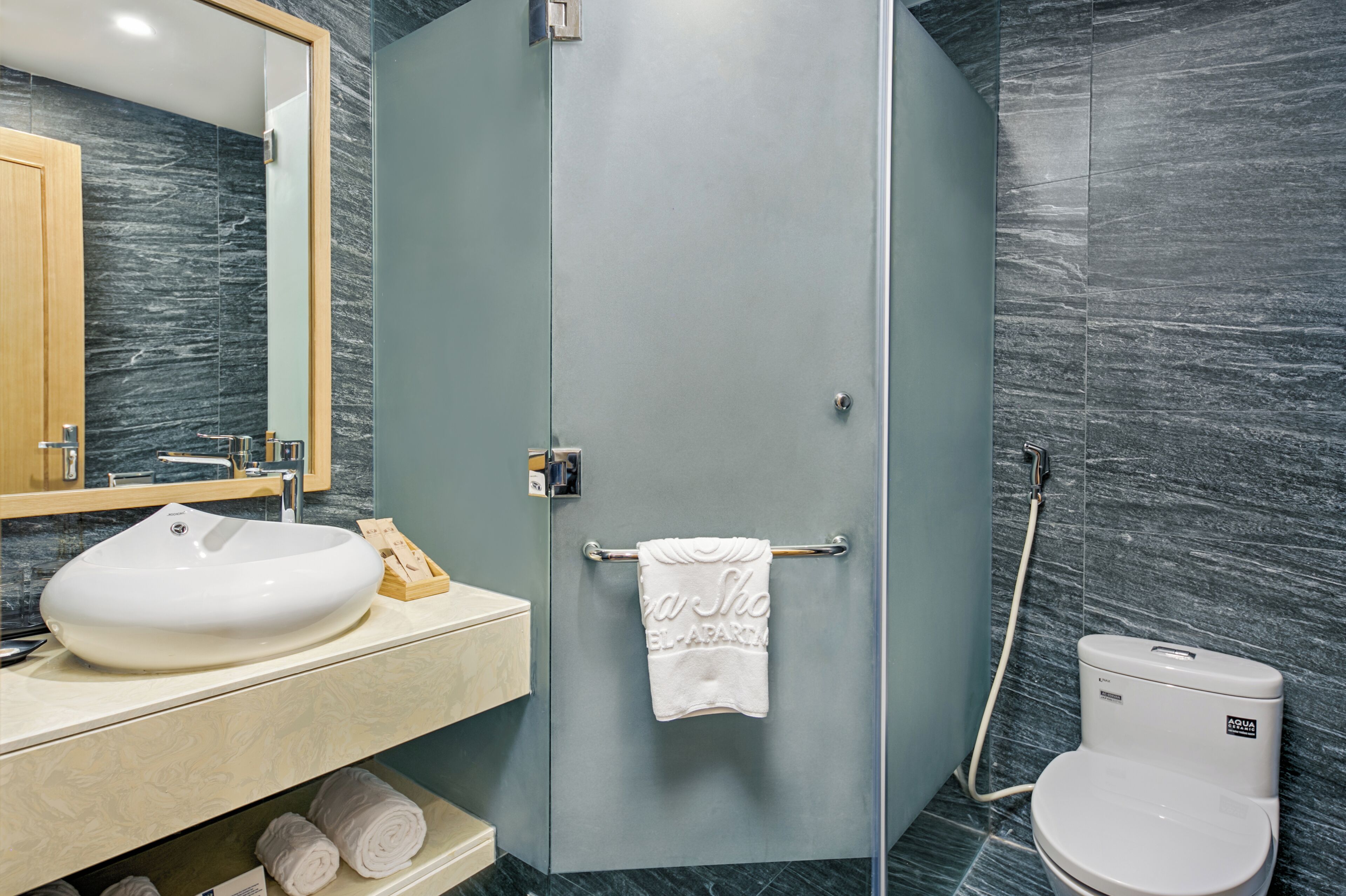 shower, free toiletries, hair dryer, bathrobes