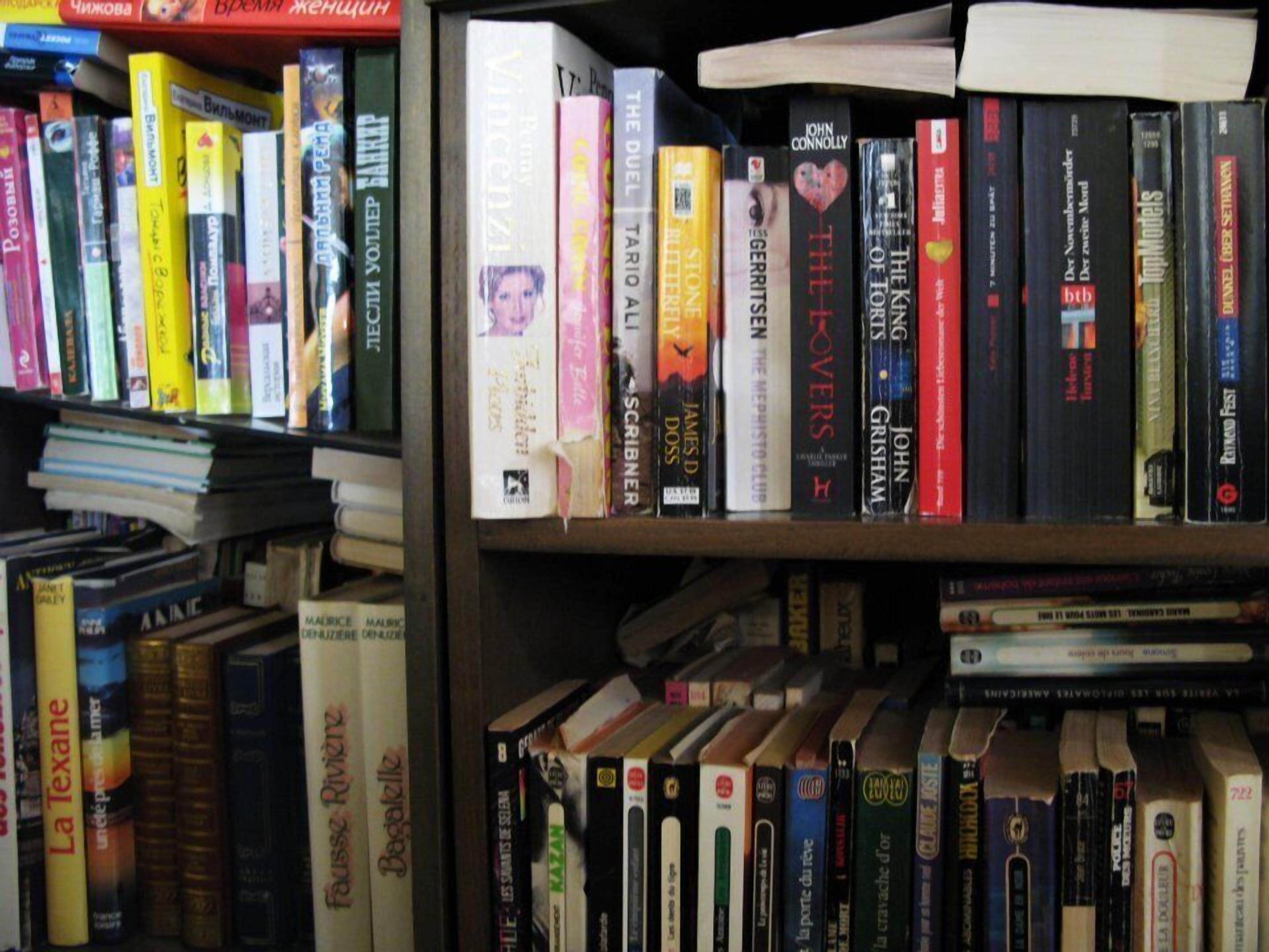 A bookshelf filled with various books, some with visible titles and authors.