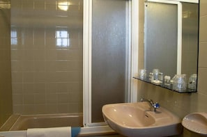 Shower, free toiletries, hair dryer, towels