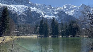 A mountain landscape with snow-capped peaks, a clear lake, and a forested area. - Hôtel des Lacs (Chamonix-Mont-Blanc)