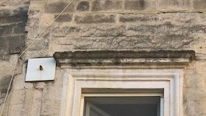 Una ventana con marco blanco y un pequeño balcón con maceta.